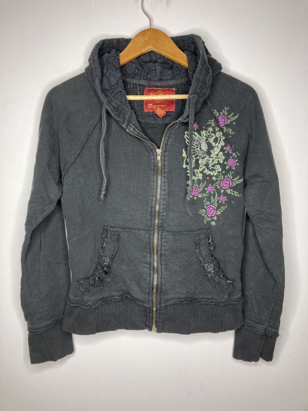 Hard Rock Cafe London Full Zip Hoodie Women's Large Black Skull Rose Y2K